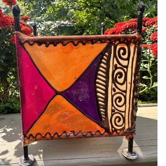 Candle holder Vintage Stretched Skin Square Painted ethnic tribal metal pink 7” - Picture 6 of 14